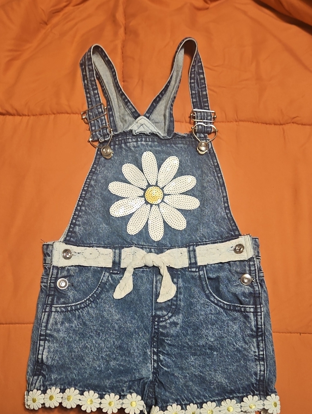 Girls' Blue Denim Daisy Short Overalls